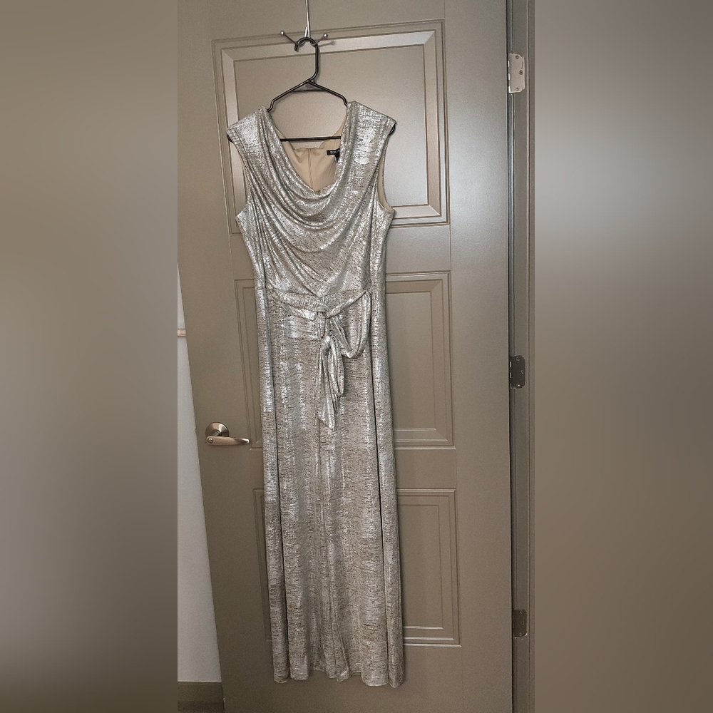 Roz & Ali Silver Ruched Tie Front Jumpsuit